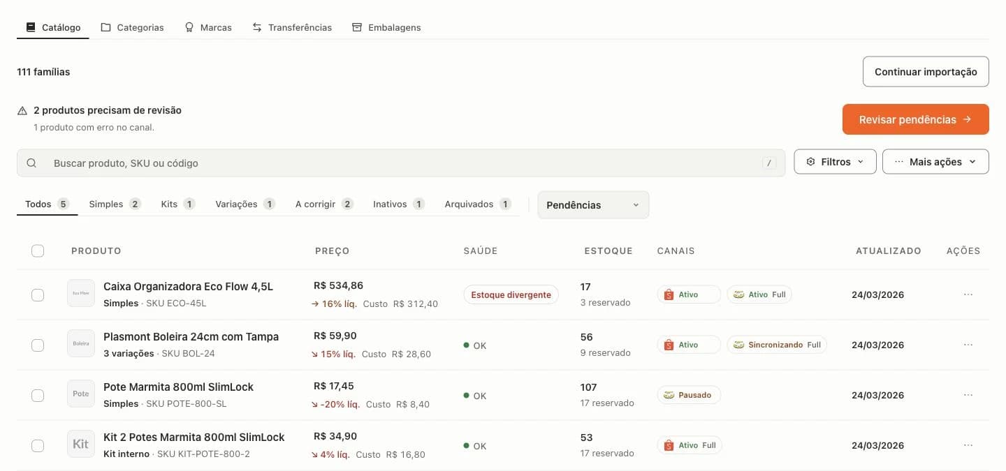 Tela real do catálogo da Volt com produtos, variações e informações de estoque em dados demonstrativos